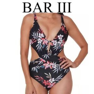Bar III Black floral Women's black Medium Tummy Cutout One-Piece Swimsuit